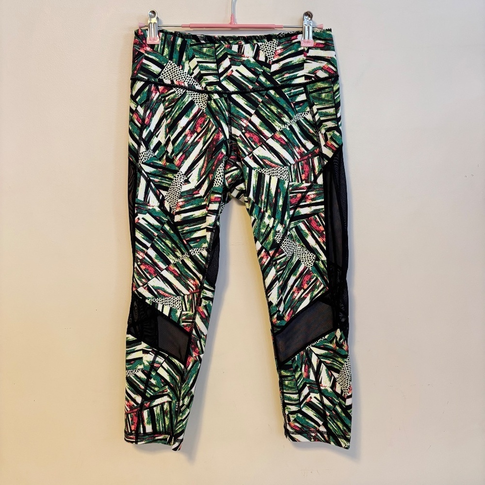 Zella Mid Rise Active Workout Leggings Green Tropical Print Cutout Mesh Womens S - Picture 2 of 4